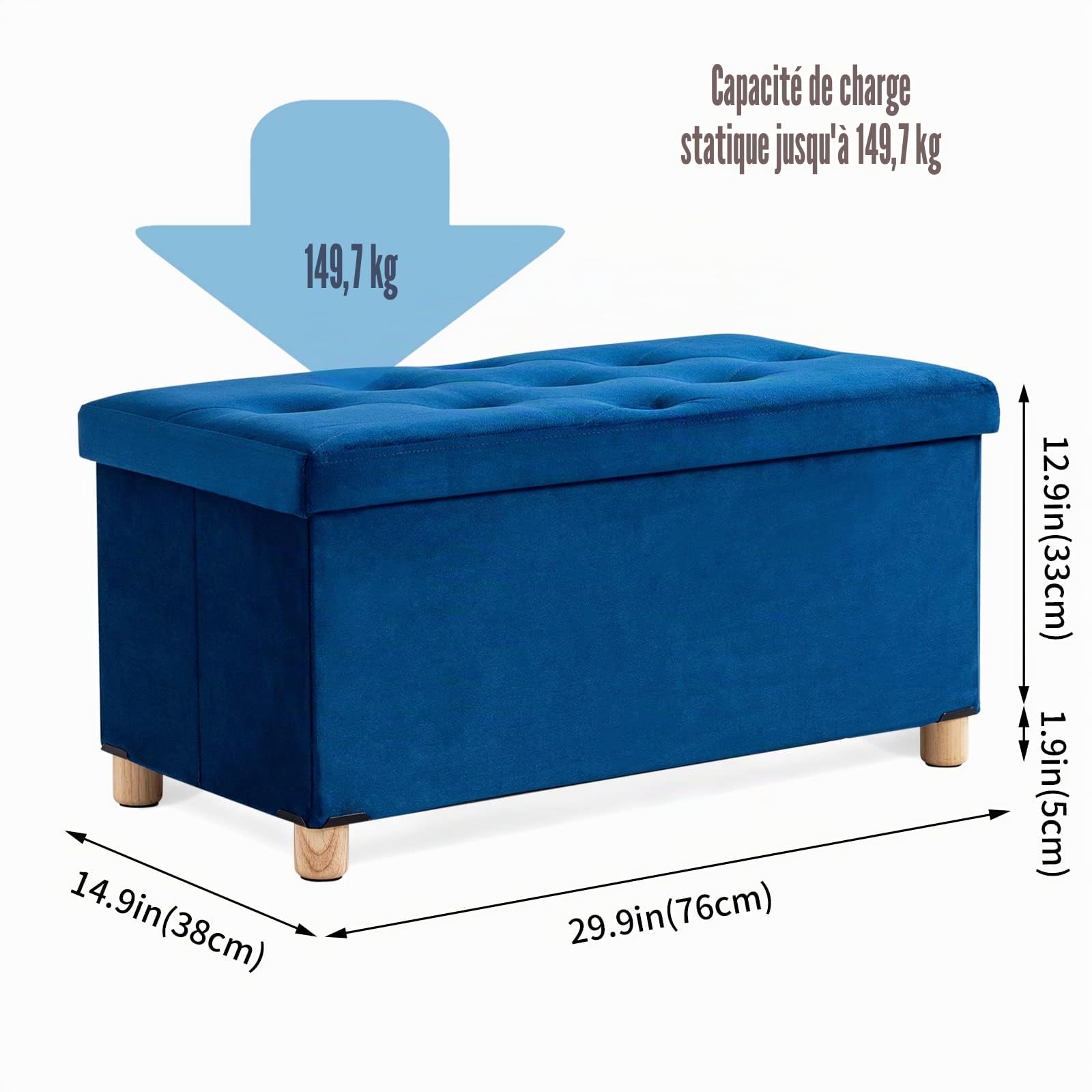 BRIAN & DANY Pouf Rangement Pliable, Banc de Rangement avec Couvercle, Tabouret Coffre en Velours Repose-Pieds pour Salon Chambre Entrée, 76 x 38 x 38 cm, Bleu