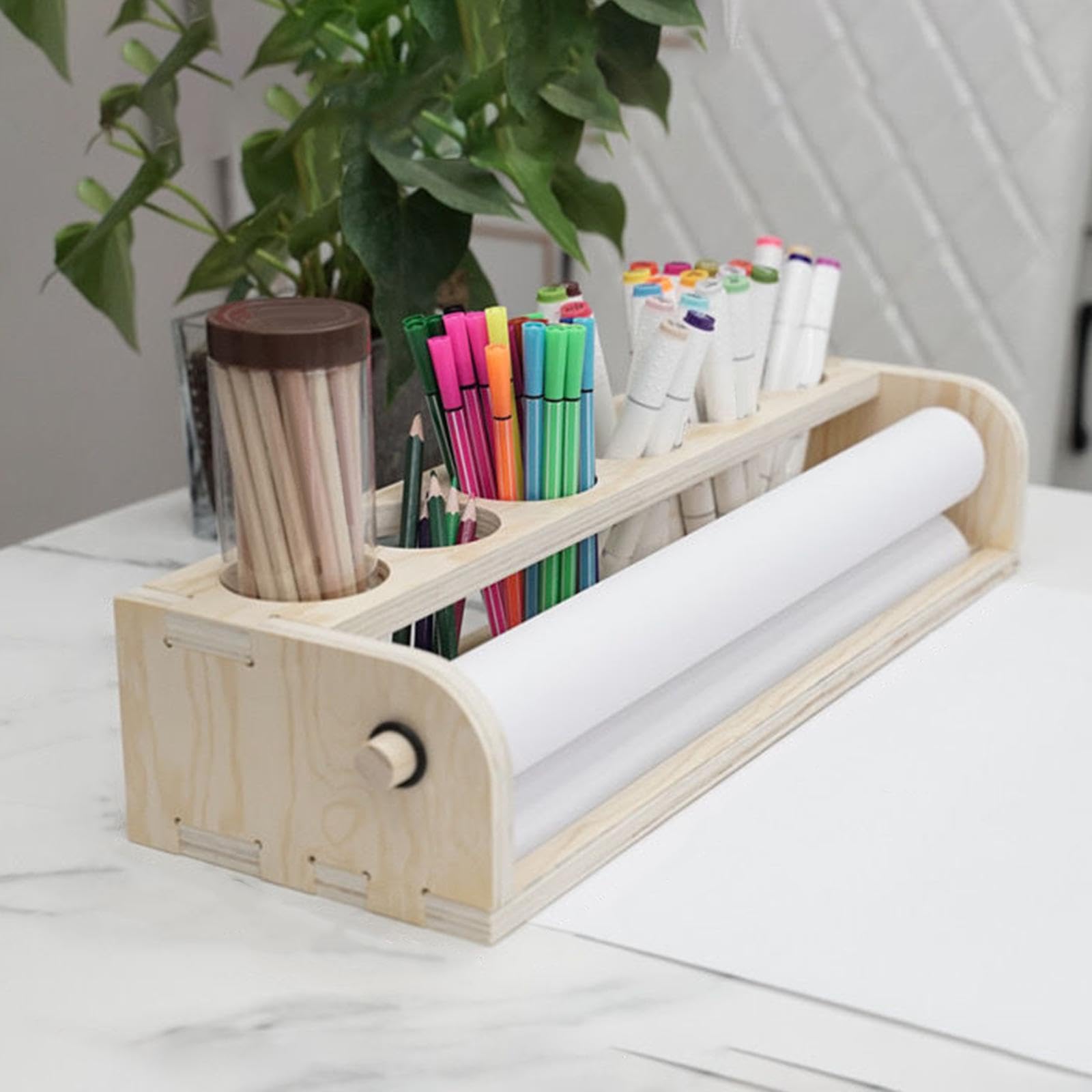 Bastelpapierhalter aus Holz mit 25 Metern Länge, schnell | zum Malen und Zeichnen für Kinder, inklusive 12 Buntstiften und Künstlerbedarf. Auch als Rollenspender für Geschenkpapier