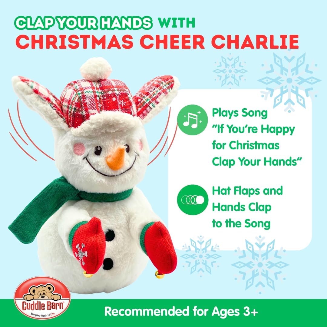 Animated Plush Snowman |Christmas Cheer Charlie - Claps Hands and Ears Flap to Song - If You're Happy for Xmas Clap Your Hands | Musical Holiday Toy and Decor - Gift for Toddlers and Kids, 13"