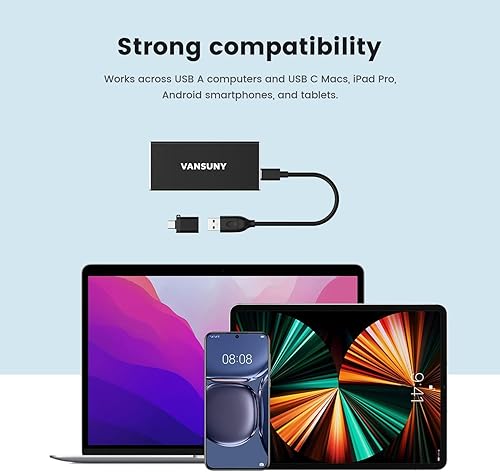 Miniatura 6 de Vansuny Disco duro externo portátil de 2 TB, USB 3.1 Gen2 de hasta 500 MBs, disco duro externo portátil USB C de metal para PC, laptop, teléfonos y