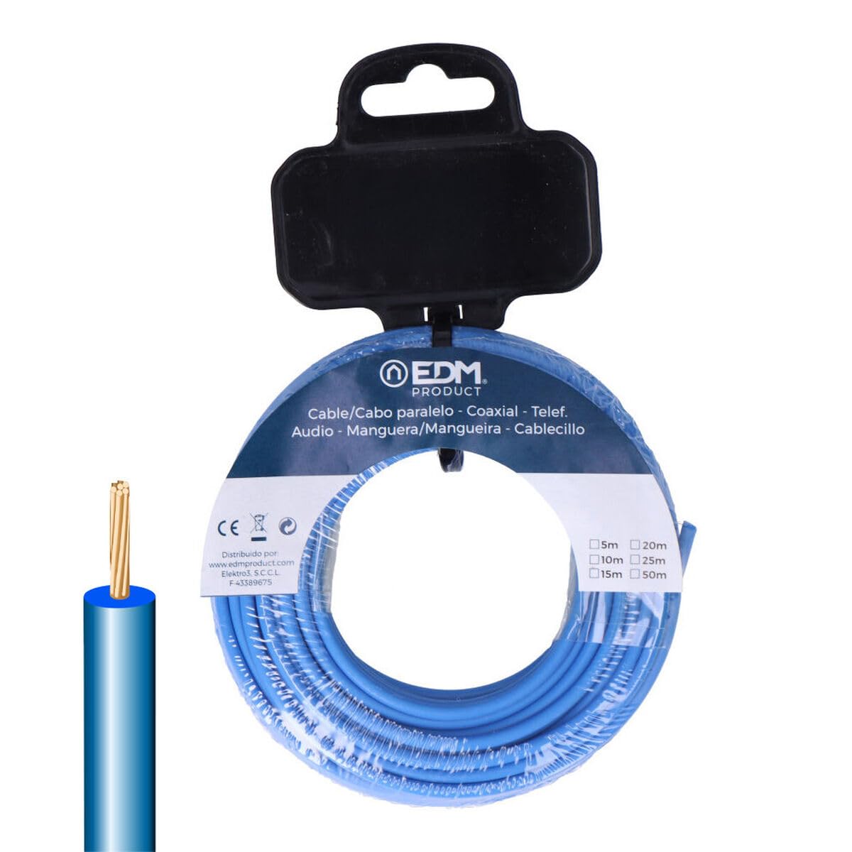 Câble électrique unifilaire bleu 15m EDM h07z1-k pour installations de maison