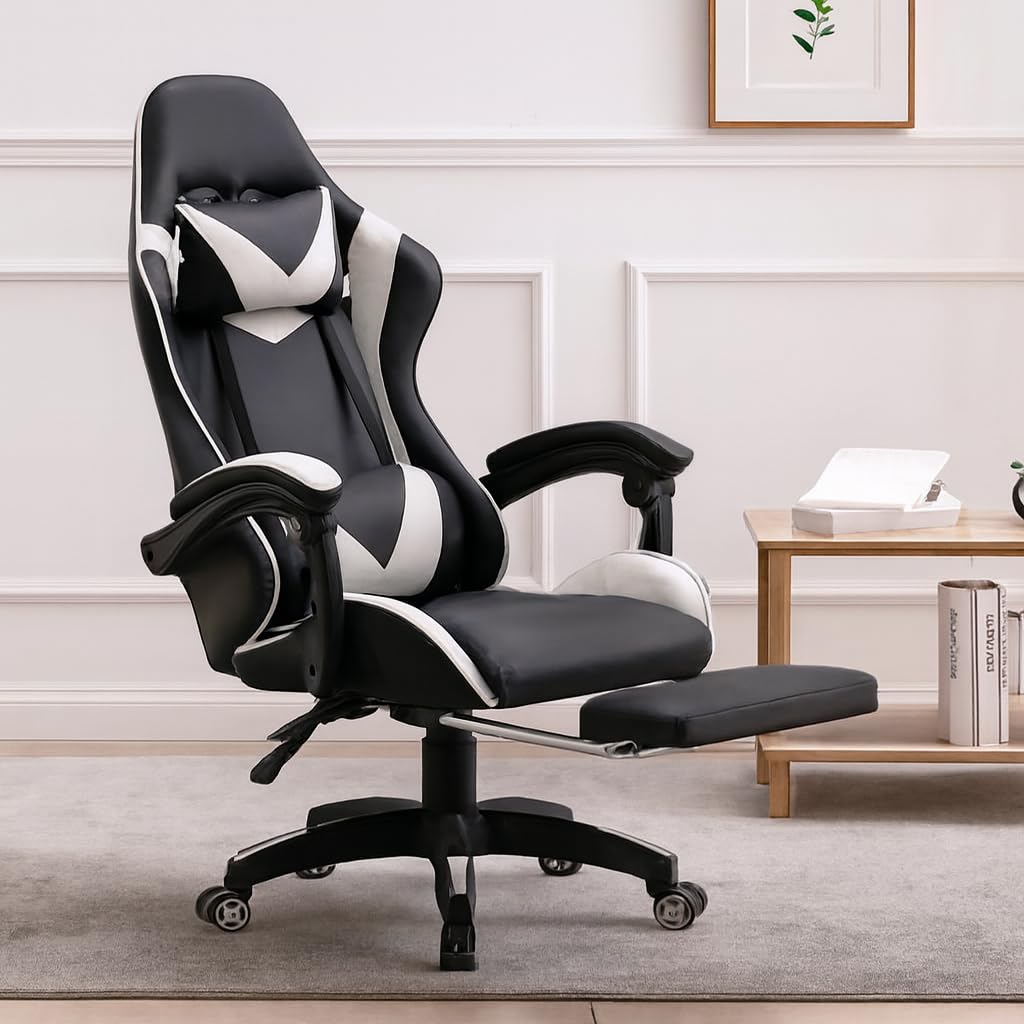 Gaming Chair Adjustable Seat Height, 135° Recline High Back PU Leather Modern Ergonomic with Lumbar Support Retractable Foot Rest with Lumber Massager White and Black.