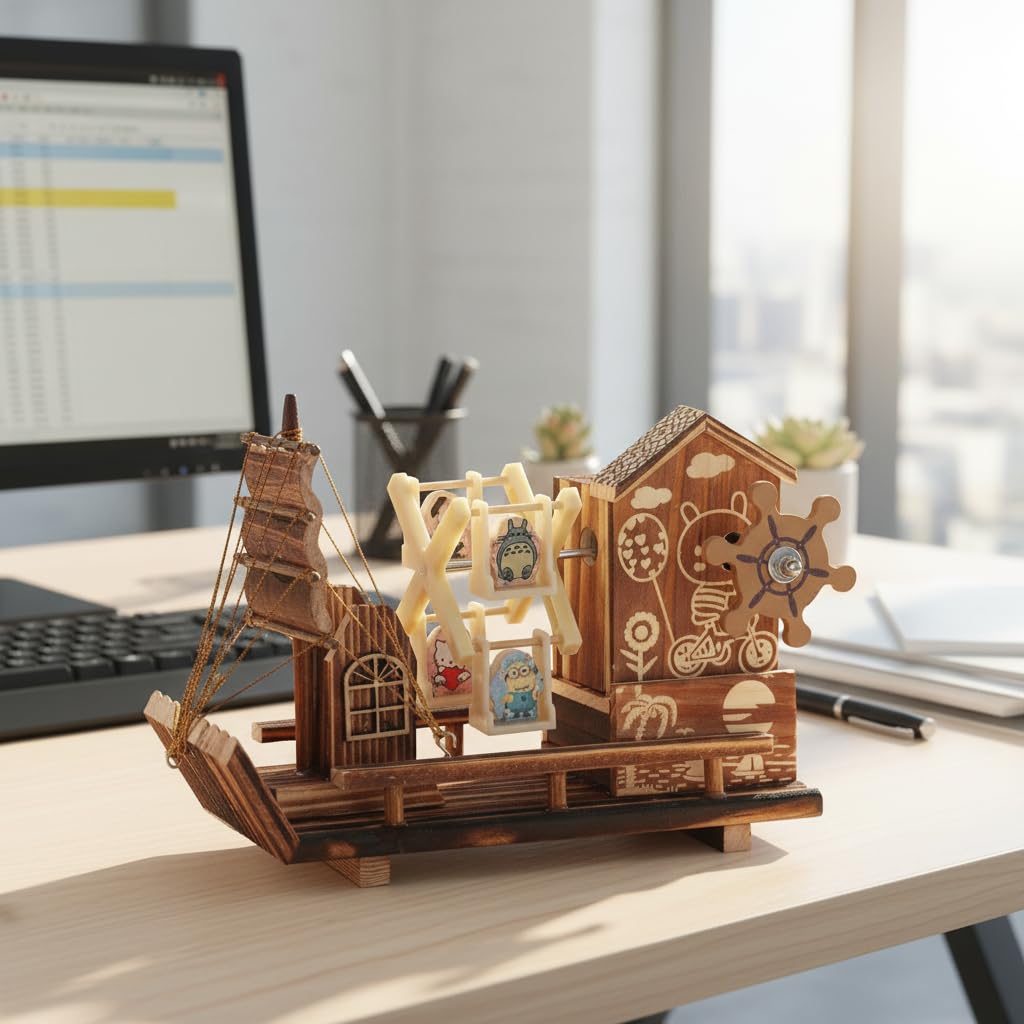 Spiaty Wooden Windmill Sailboat Music Box – Handcrafted Rotating Decorative Showpiece, Vintage Musical Toy for Kids & Adults, Home & Festive Decor Gift-image-14