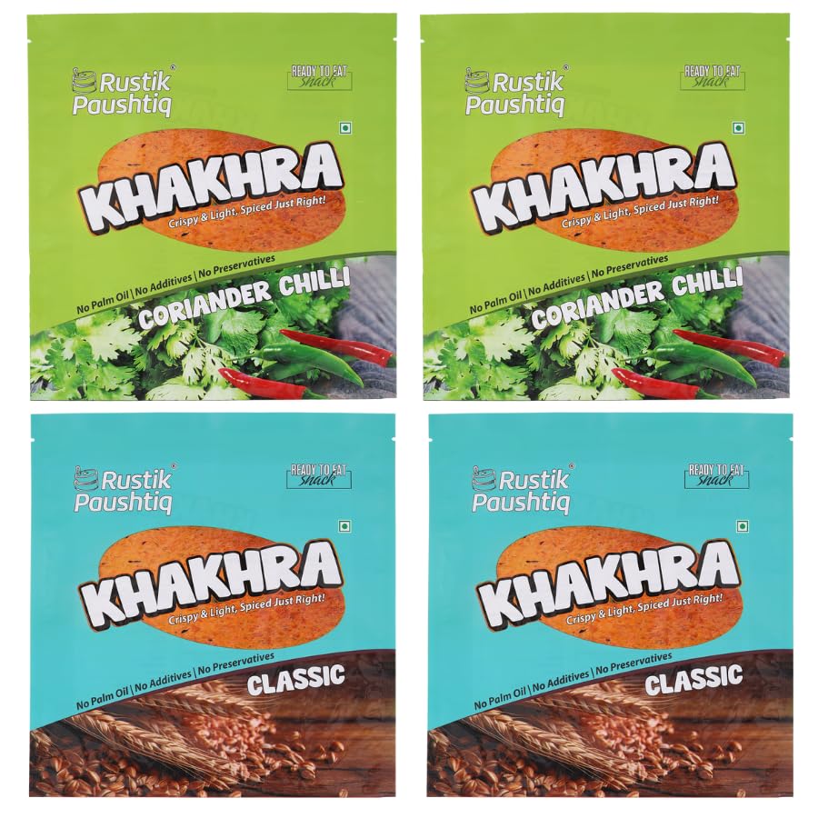Image of RUSTIK PAUSHTIK Baked Khakhra Combo Pack - 200g x 4 Packets | 2 Coriander Chilli & 2 Classic Flavour | Gujarati Snack | High Fiber Diet | No Palm Oil | Ready to Eat Tea Time Snack | 800g