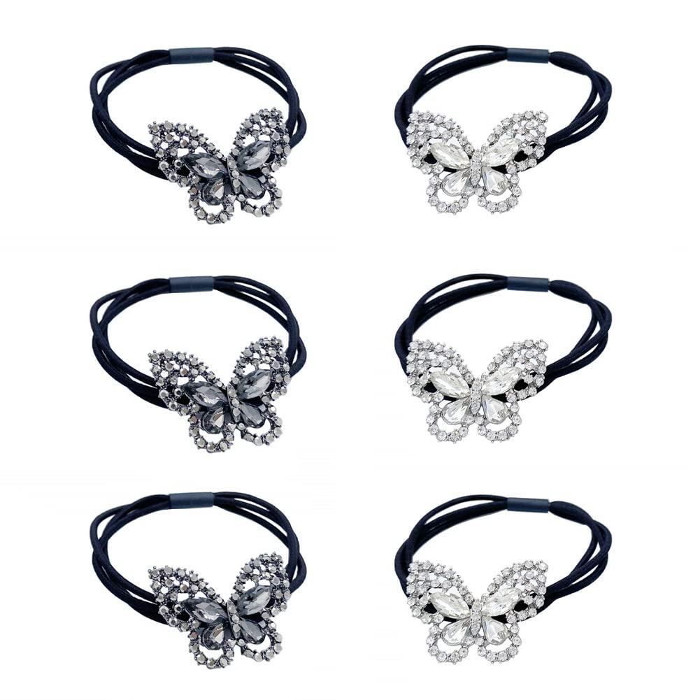 Xiwstar 6Pcs Korean Fashion Scrunchies Rhinestone Crystal Butterfly Hair Ties Three Layers Hair Bands Accessories for Women Girls Ponytail Holder mix