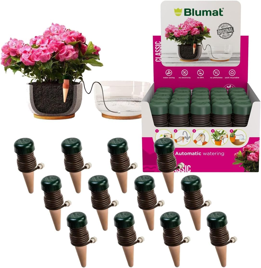Blumat Coni di irrigazione per piante da interno ed esterno, sistema di irrigazione a goccia automatico per piante in vaso, aiuto per la cura delle piante da interno (confezione da 12)