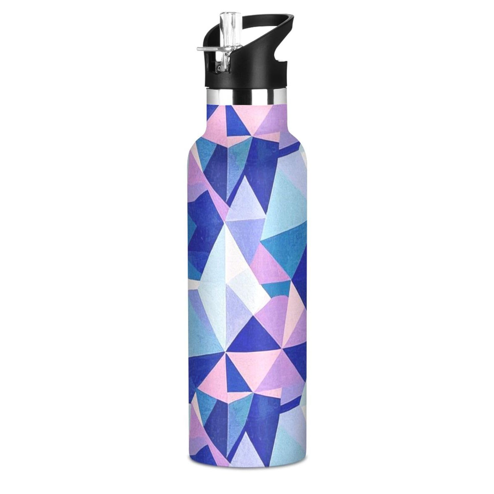 Geometric Pattern Colorful Purple Leak Proof BPA Free Kids Metal Water Bottle with Straw Double Wall Vacuum Insulated