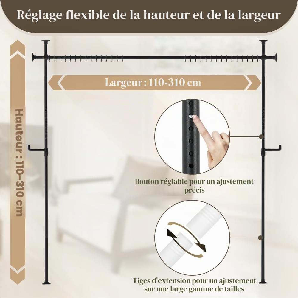 SMONTER Tringle à rideau de séparation de pièce - Barres de rideau sans perçage, tringles à rideau de tension du sol au plafond pour rideaux, séparation de pièce autoportante 110-310 cm réglable extra