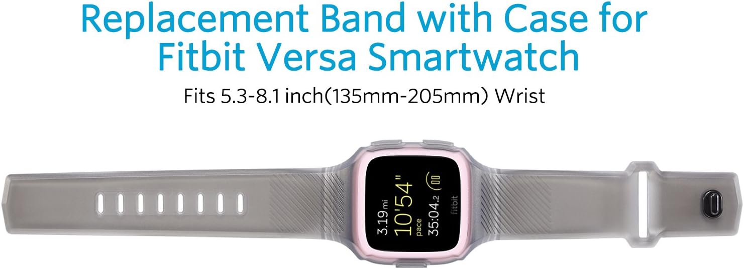 Shangpule Fitbit Versa Bands, Silicone Versa Rugged Wristband with Protective Case Frame, Anti-Impact Replacement Bands Quick Release Watch Bands Strap for Fitbit Versa (Translucent+ Pink)