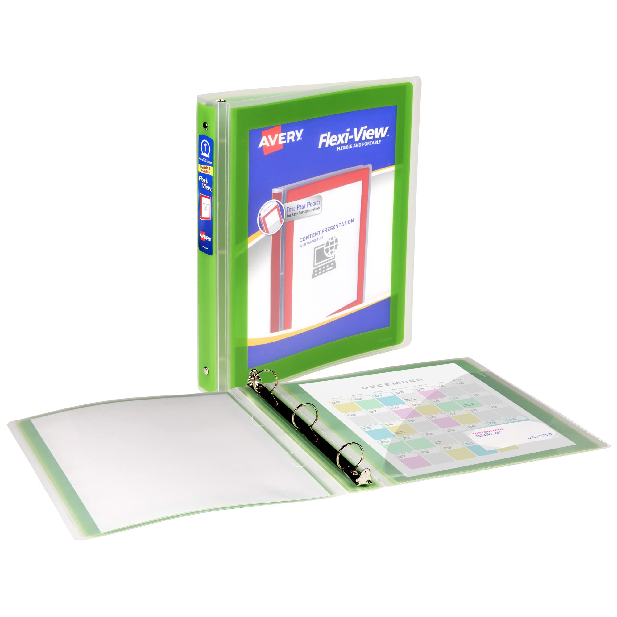 Avery Flexi-View 3 Ring Binder, 1 Inch Round Rings, 1 Chartreuse Green Binder (17608) - Image 2