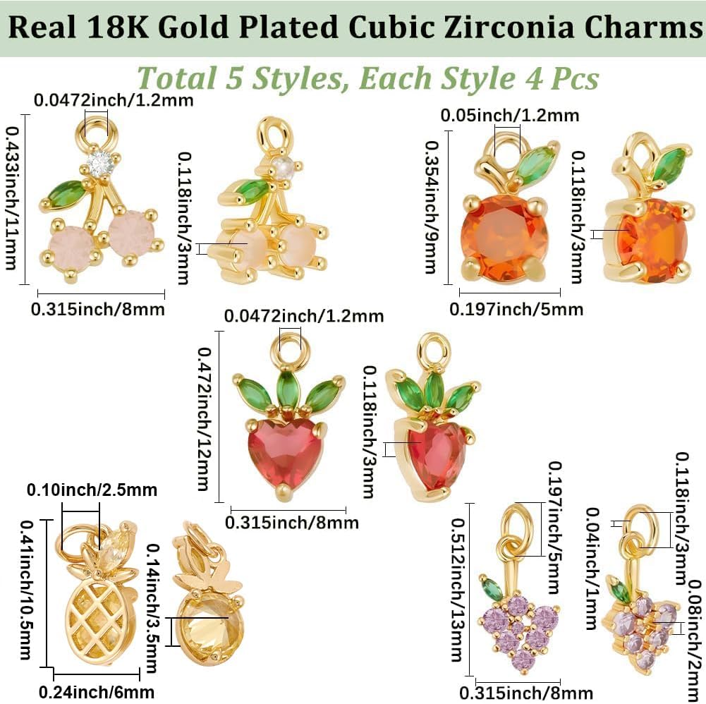 Beebeecraft 10Pcs 5 Styles Cubic Zirconia Fruit Charms 18K Gold Plated Apple Pineapple Strawberry Cherry Grape Charms with Loop for Jewelry Making Summer Theme Necklace Bracelets Diy Crafts