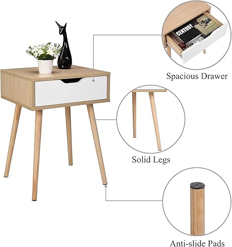Miniatura 5 de Bonnlo Juego de 2 mesitas de noche Wood&White con cajón espacioso y patas de madera maciza para sala de estar, dormitorio, dormitorio