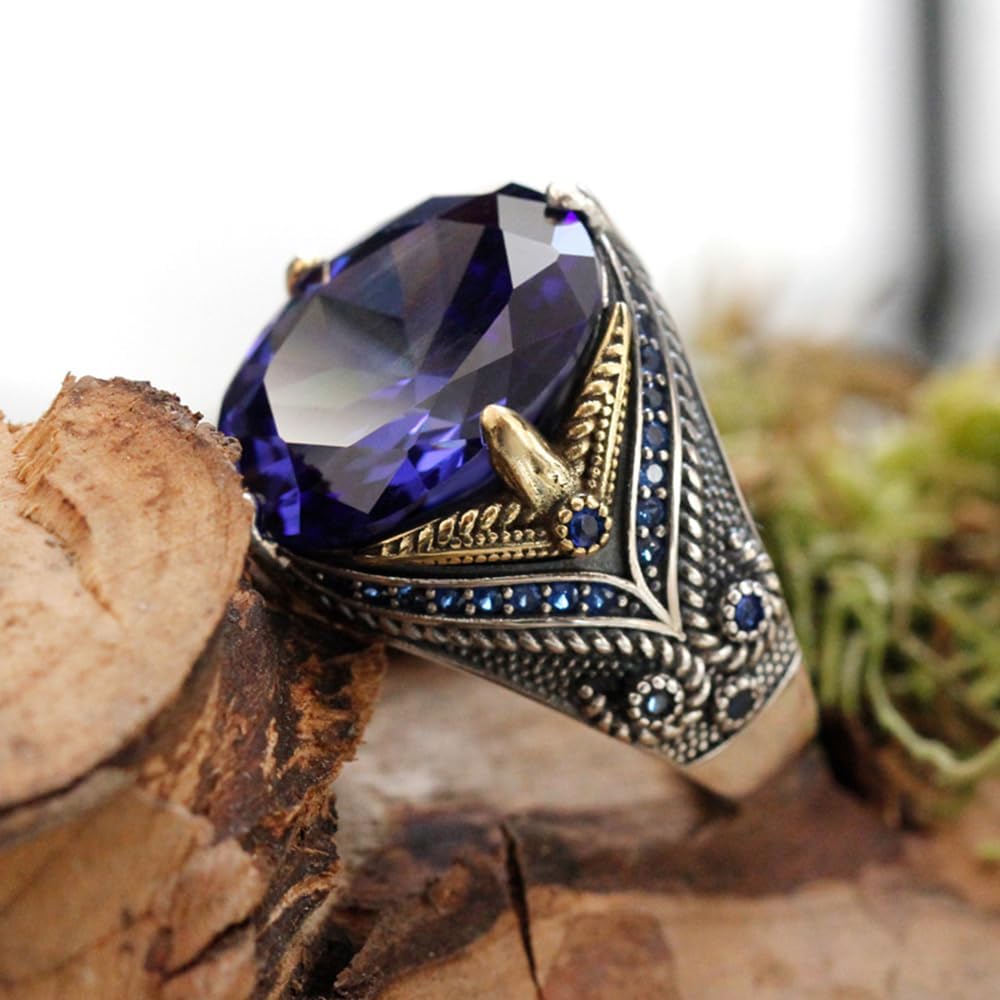 Men's Ring Black Zircon, Tanzanian Blue Zircon Garnet Red Zircon, Green Zircon, Sea Blue Zircon Ring, Handmade Solid S925 Sterling Silver Men's Ring, Vintage Türkiye Ring Perfect Declaration Ring, Men's Christmas Gift Sizes 7-12 - Image 3