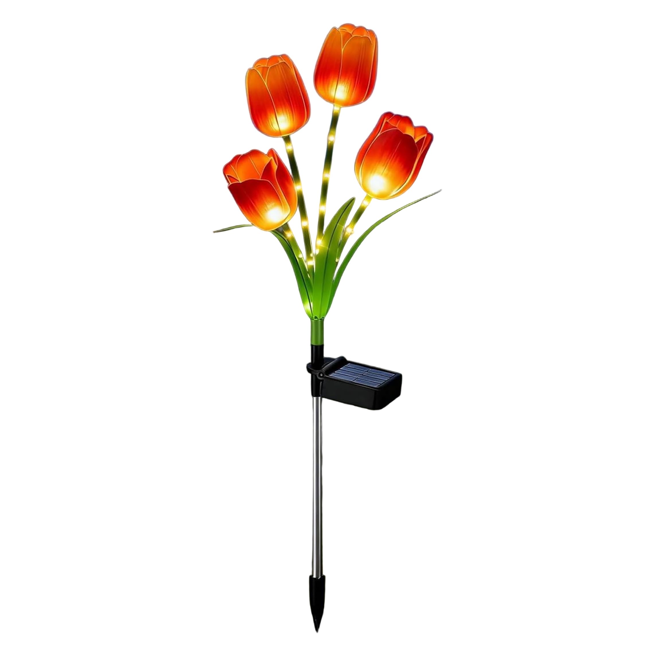 Gemuseeee Solar Flowers 4-Head Tulips Solar Garden Stake for Outside Waterproof Warm Light for Garden Yard Pathway 28×10 Inch Orange