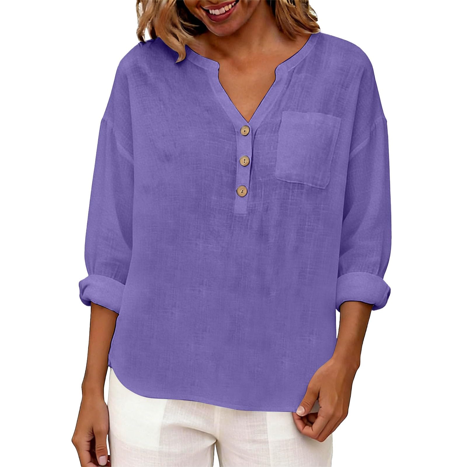 Camisas de algodón y lino para mujer blusa holgada transpirable casual 8