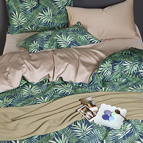 Jemiipee Floral Duvet Cover Set With Tropical Leaves Pattern, King Size Botanical Soft Bed Bedding Sets Palm Leaf Comforter Covers With Zipper Closure And Pillowcases - Navy Blue, Green #TOP1