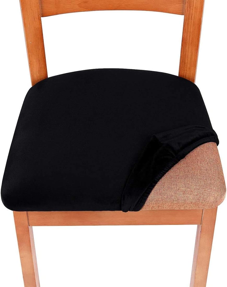 smiry Stretch Chair Seat Covers for Dining Room Velvet Dining Chair Seat Protectors Chair Slipcovers, Set of 2, Black - Image 4
