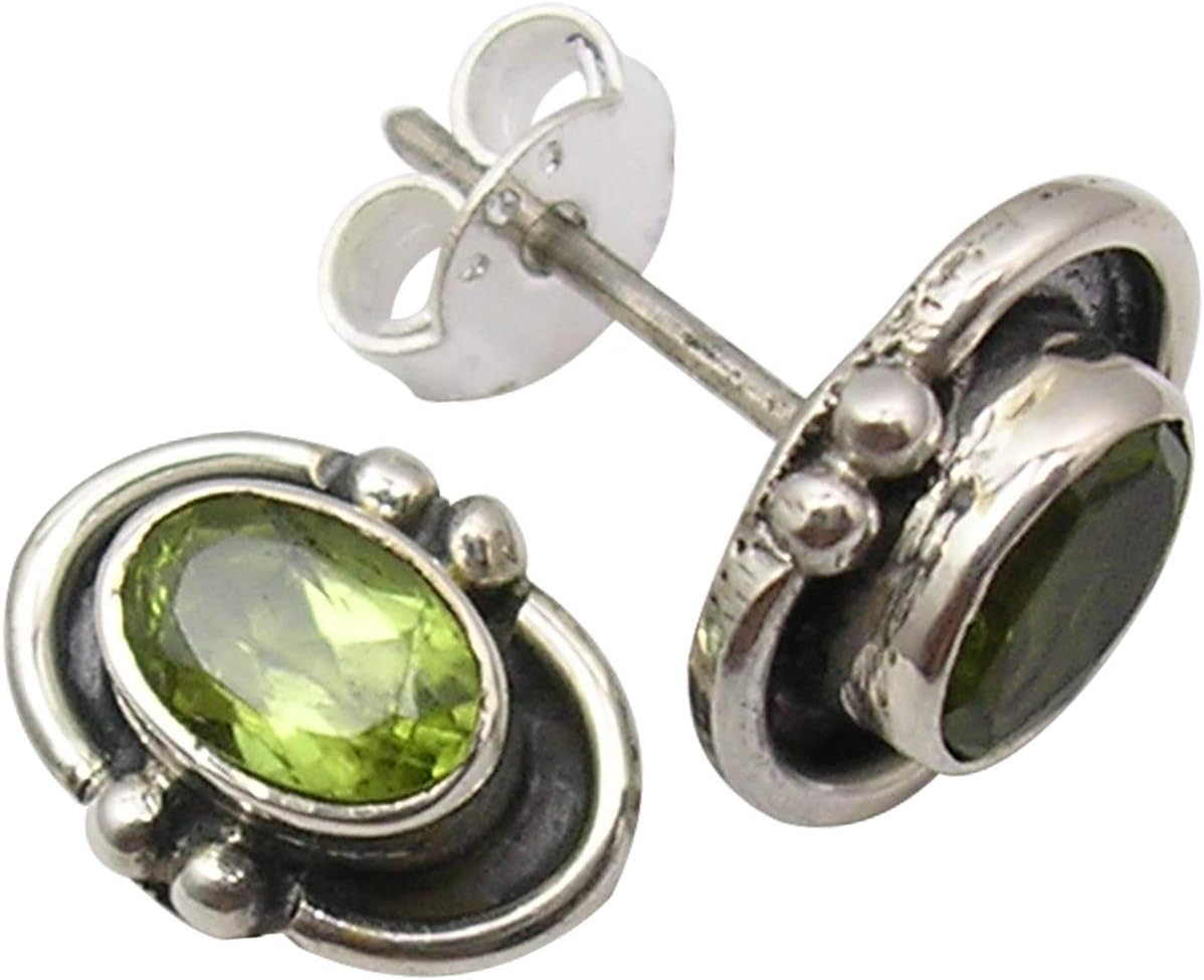 925 Solid Silver Peridot August Birthstone Stud Earrings 0.4" Art Jewelry