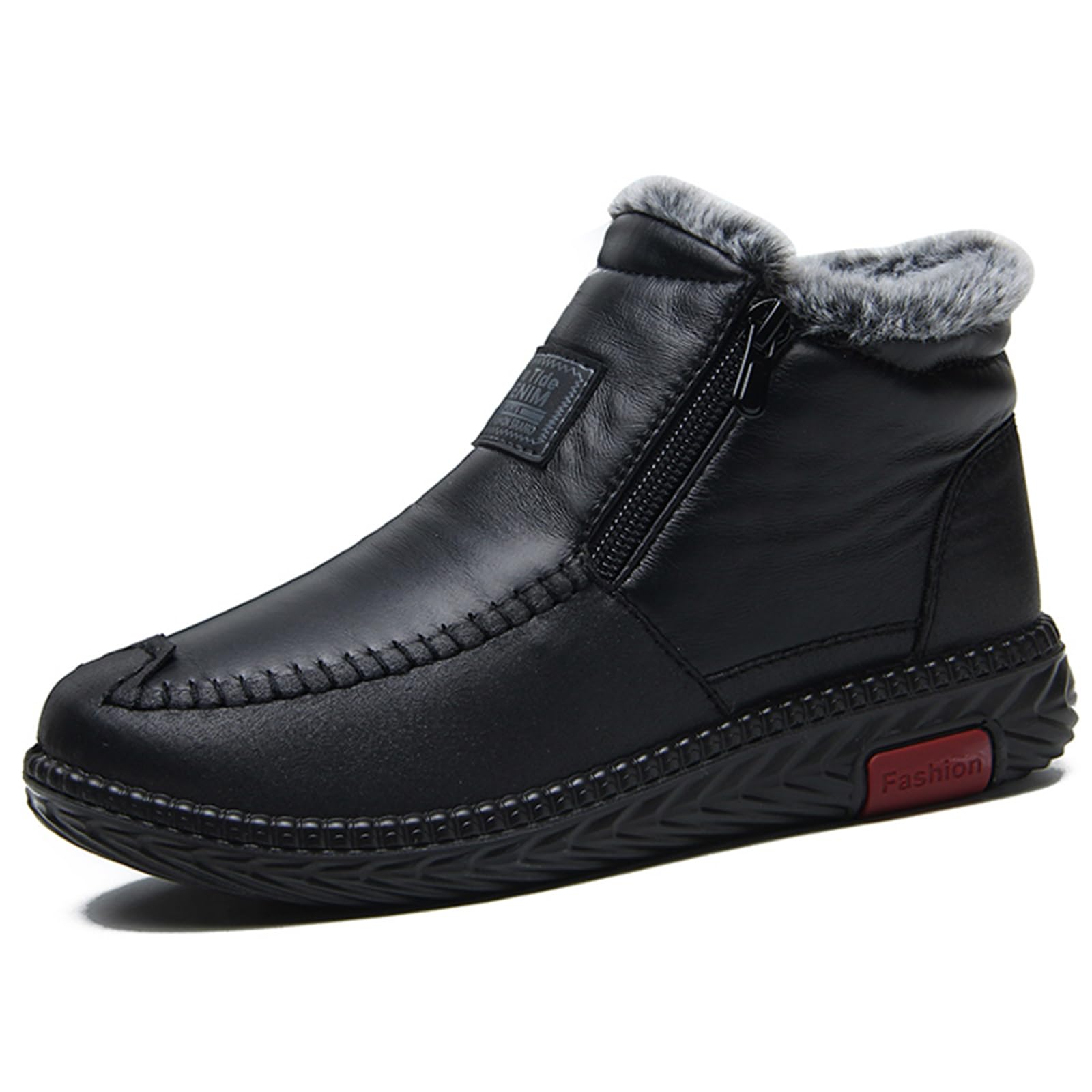 Womens Leather Fur Warm Snow Boots Comfort Round Toe Mid Top Double Side zipper Flat Boots Winter Outdoor