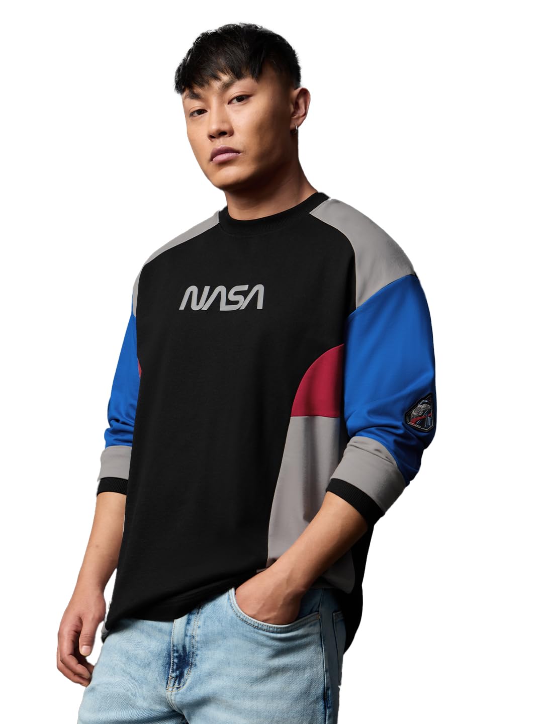 The Souled Store NASA Mission Men and Boys Long Sleeve Round Neck Black Colour Block Casual Lightweight Drop Shoulder Streetwear Trendy Oversized Full Sleeve T-Shirts-picture-16