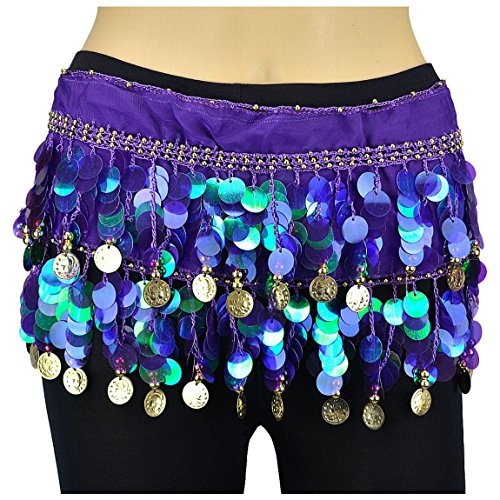 Image of VRITRAZ Women's Chiffon Belly Dance Hip Scarf Waistband Belt Skirt Mixed Colors Beads and Golded Coins 56 Black
