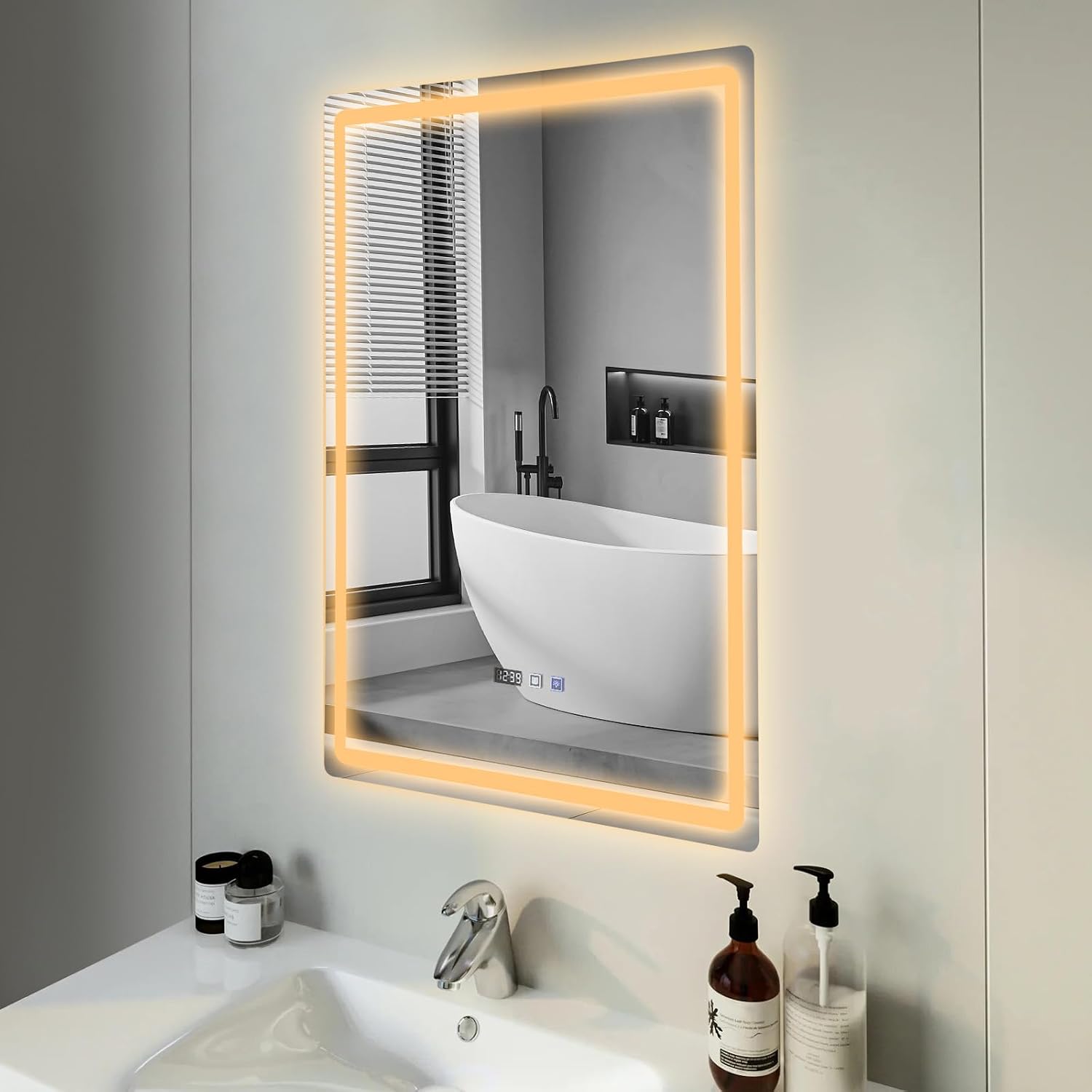LED Bathroom Mirror with Lights Dimmable Anti-Fog Mirror Wall Mounted Vanity Mirror Touch Control Time Display Fog Free Memory Function for Makeup Shaving