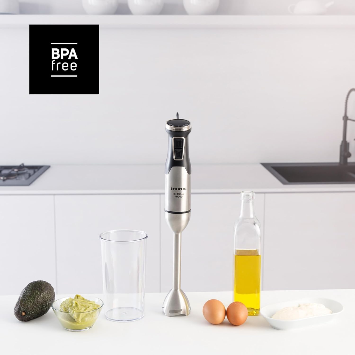 Taurus - Batidora de Mano HB1700X | 1700W de Potencia | 4 filos de Acero Inoxidable | Regulador de Velocidad | Incluye Vaso medidor de 1L | Ergonomica