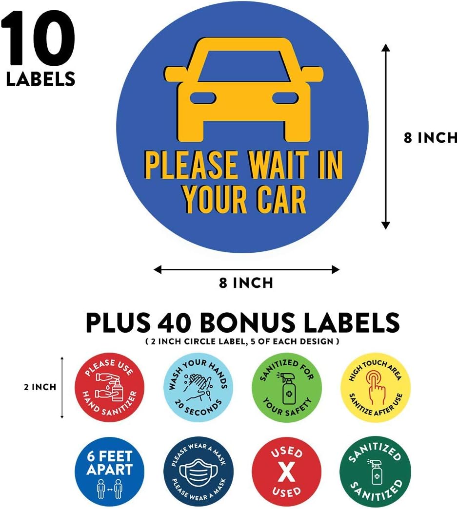 Andaz Press Restaurant Social Distancing Please Wait In Your Car Business Signs, 50 Labels, 10-Pack 8" Round Labels + 40-Pack 2" Circle Vinyl Sticker Decals