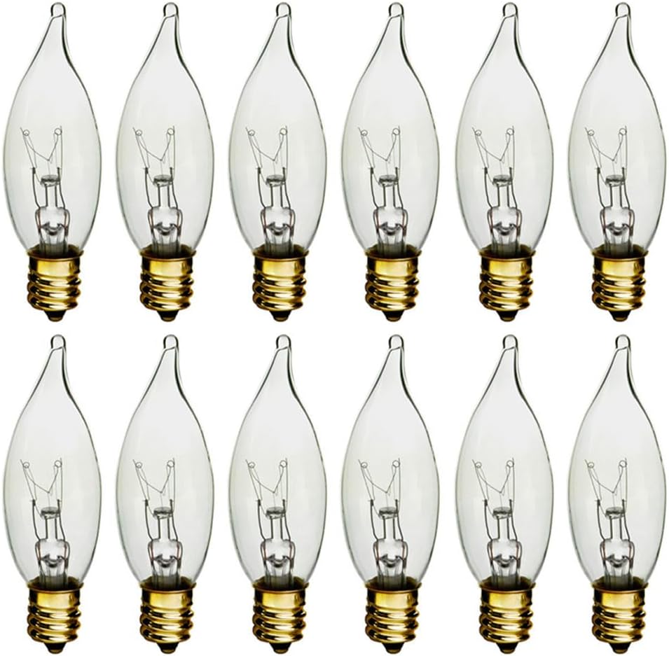 12 Pc Candelabra Night Light Bulbs 60 Watt Clear Flame Tip 120V Decor Chandelier Indoor Lighting Nightlight Turn Tip Flame Curve Candle Base Replace Lights Lamp Chandelier Sconces Lantern Bright
