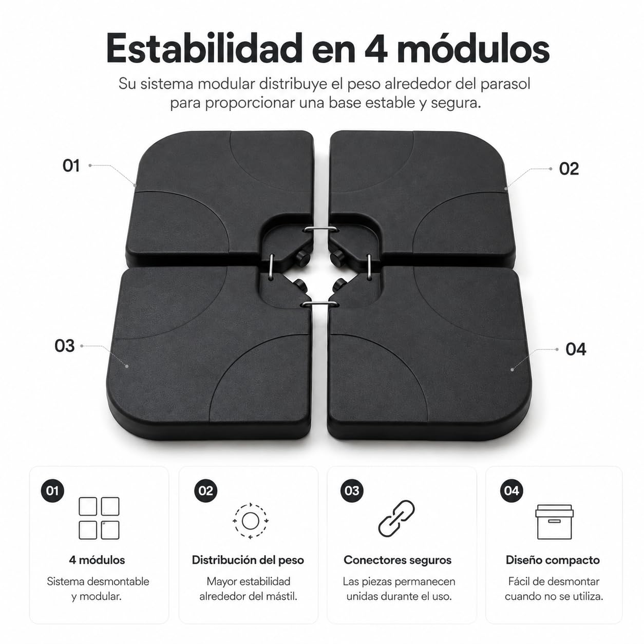 Base para Sombrilla Rellenable Modular 4 Piezas – Pie de Parasol para Agua o Arena, Compatible Mástil Central y Lateral, Negro, Uso Exterior Terraza y Jardín