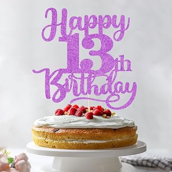 Sleyberoy Happy 13th Birthday Cake Topper-Glitter Hello 13,thirteen/13th Birthday/13 anniversary Cheers to 13 Years ,13 Fabulous Cake Decor 13th, Purple