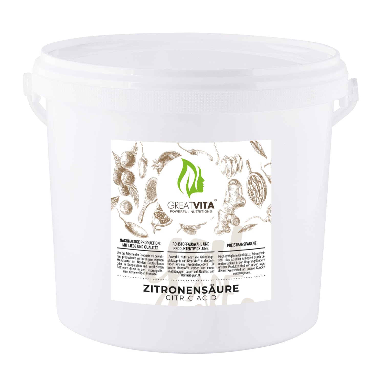 GreatVita Zitronensäure Monohydrat Granulat 25kg | Lebensmittelqualität, reine Citronensäure E330 | gentechnikfrei, Säuerungsmittel ideal zum Entkalken, Reinigen, Putzen, Backen, Kochen