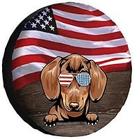 Vista 1 de Cubierta de neumático de repuesto para perro salchicha con gafas de sol con bandera de Estados Unidos, fundas protectoras de ruedas a prueba