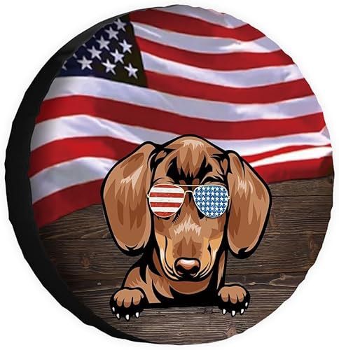 Cubierta de neumático de repuesto para perro salchicha con gafas de sol con bandera de Estados Unidos, fundas protectoras de ruedas a prueba de