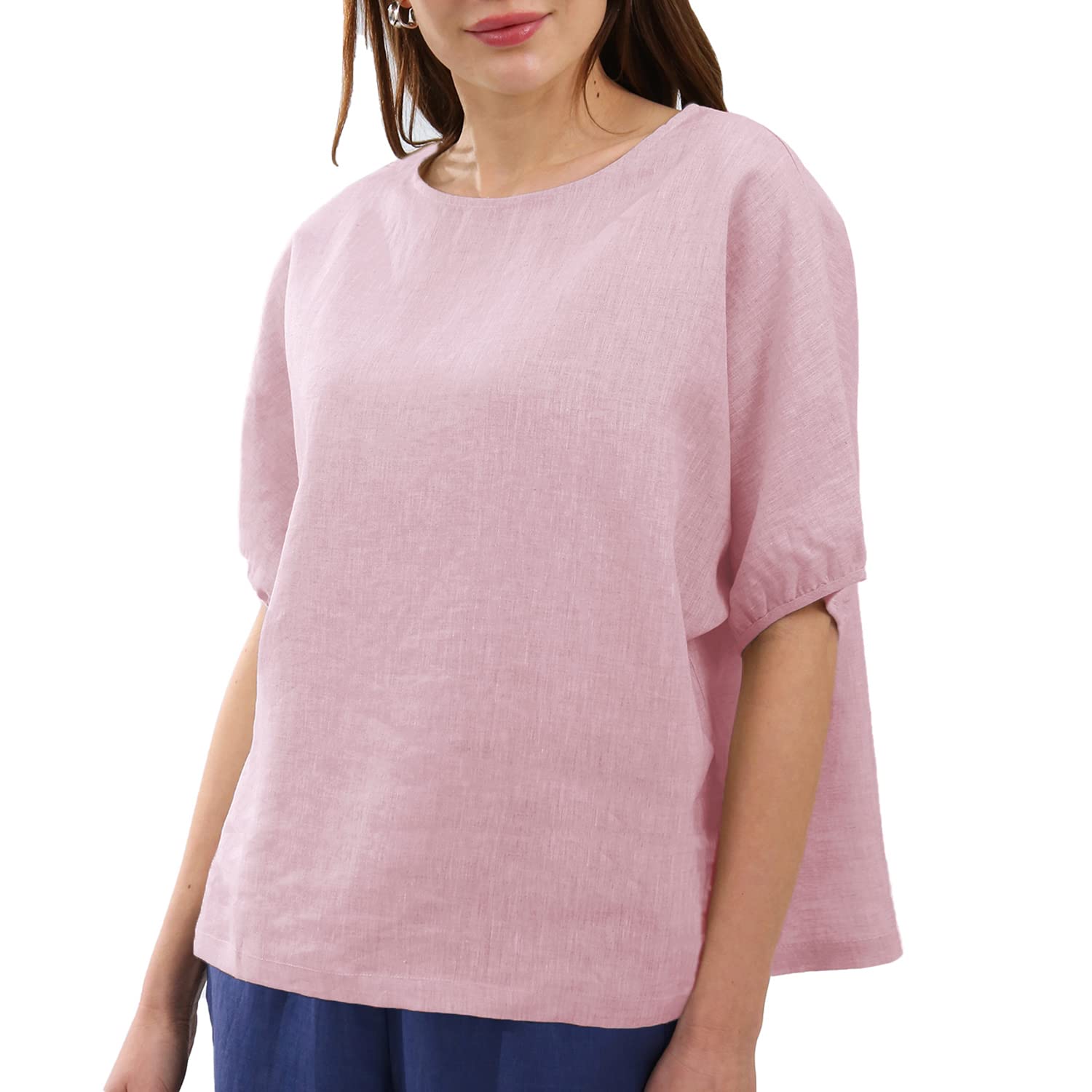Amazhiyu Women's 100% Linen 3/4 Sleeve Shirts Crew Neck Blouse Tops Loose Fit
