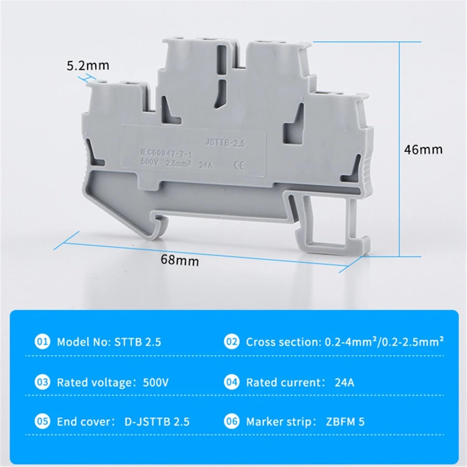 STTB-2.5 Morsettiera su guida Din Connettori for cablaggio elettrico Doppio strato Connettore di collegamento a molla Conduttori for cavi 10 pezzi(GRAY)