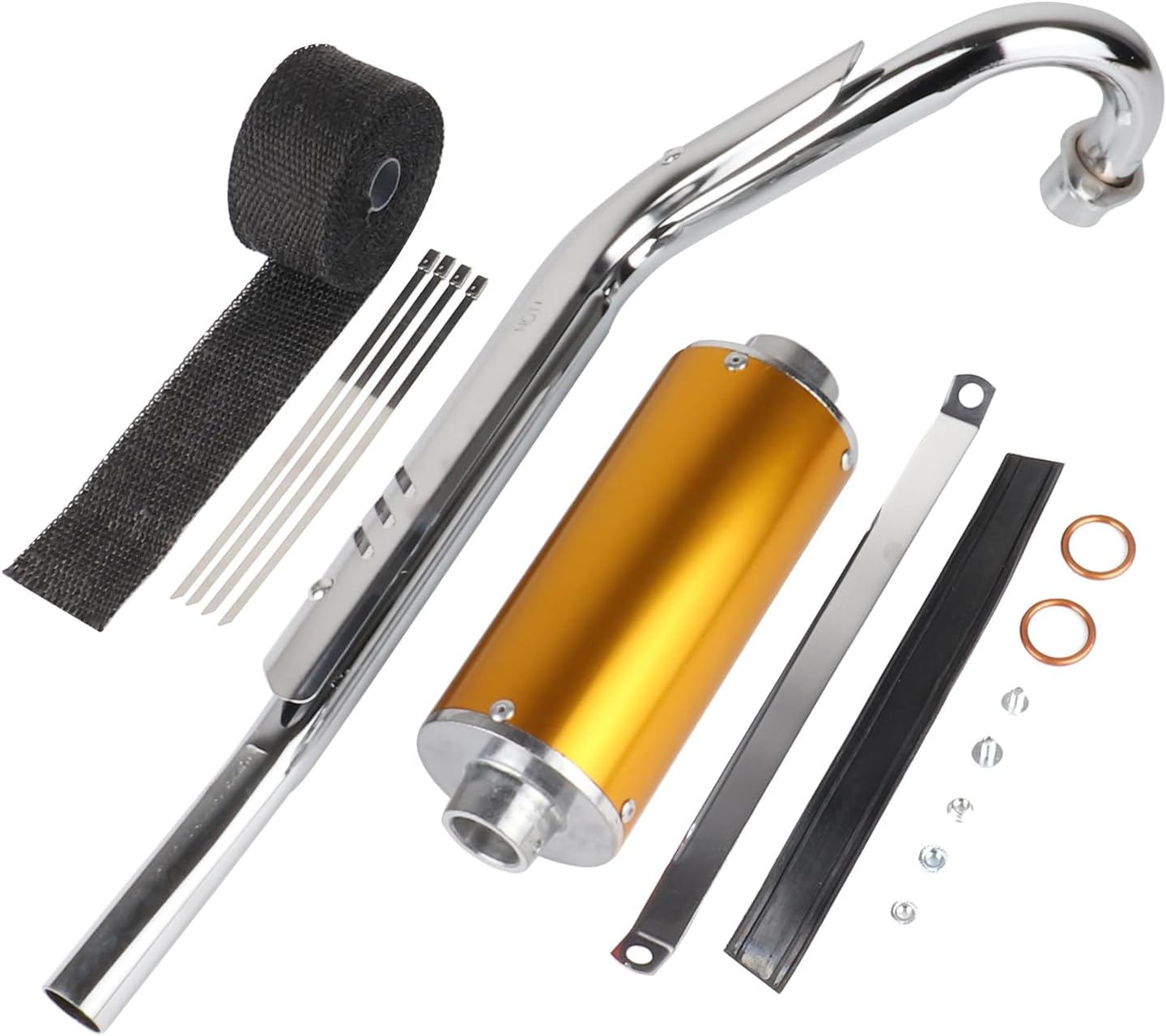 High Performance 28MM Exhaust Muffler Silencer Head Pipe Set with Heat Wrap for Chinese 70cc 110cc 125cc SSR Taotao SDG Coolster Apollo XR50 CRF50 Dirt Pit Bike (Gold)