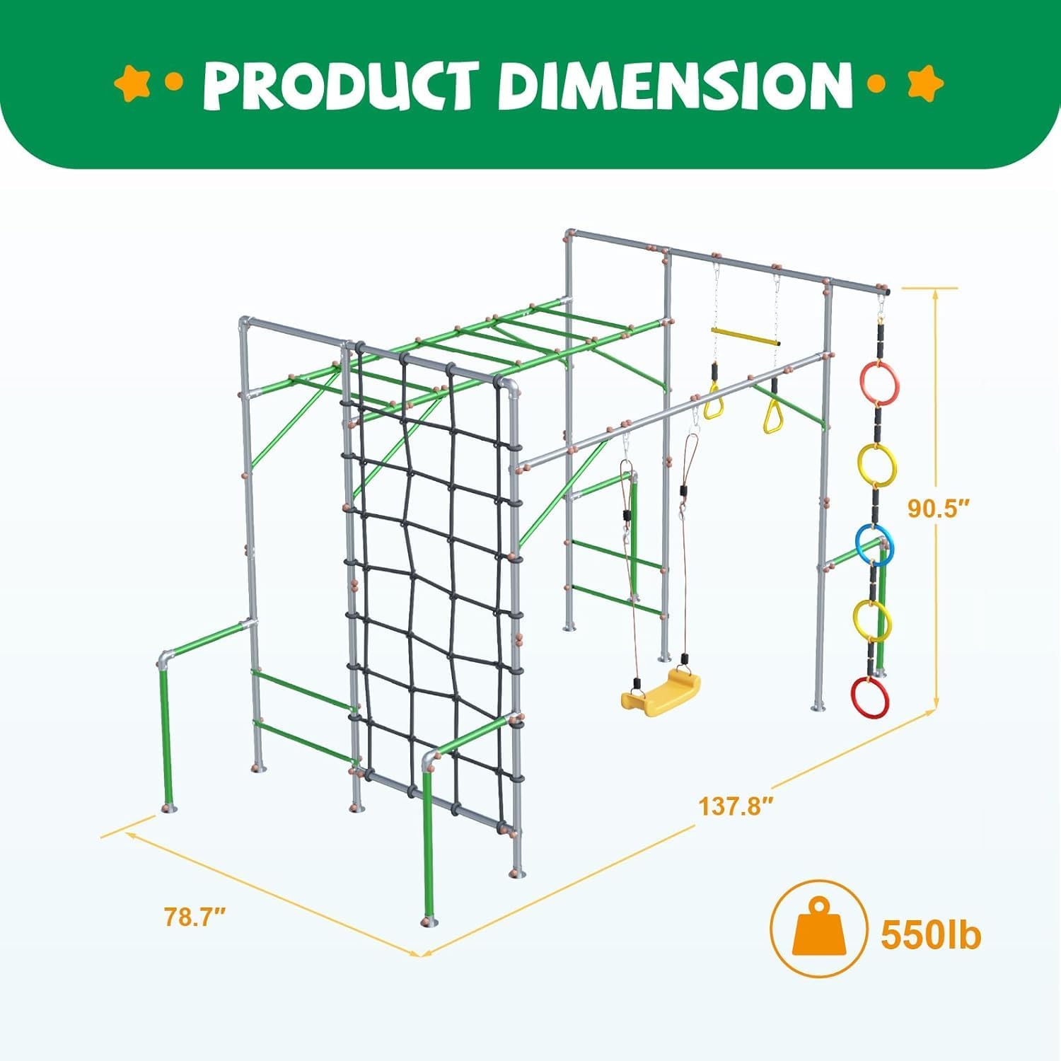 Outdoor Monkey Bars for Kid,Metal Swing Sets for Backyard with 5 Rings Climbing Rope,Monkey Bar Kit with 1 Trapeze Swing Bar and 1 Belt Swing, Jungle Gym with Climbing Net for Playground, Green