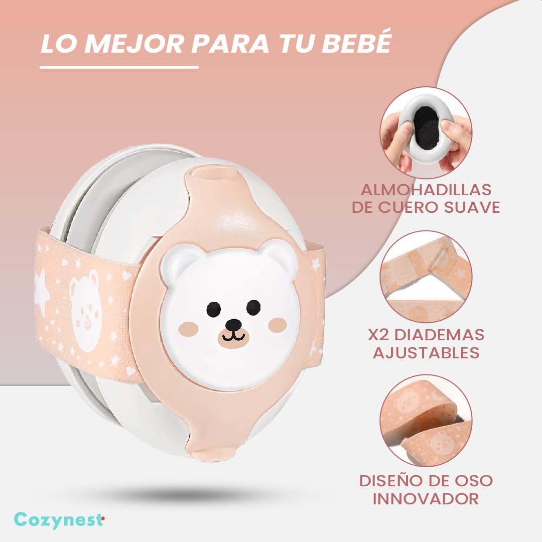 Cozynest Cascos Antiruido para Bebés 0-36 Meses con Reducción de Ruido de 25dB, Diseño de Oso y Diadema Ajustable - Orejeras Antiruido con Bolsa de Transporte (25dB + Cinta Extra, ROSA)