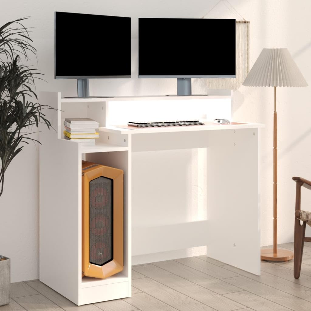 Scrivania con LED bianco, 97 x 45 x 90 cm, materiale in legno, moderna scrivania per computer per casa, ufficio, giochi, studio