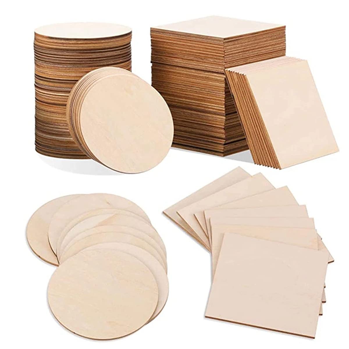 CTRLZS 50Pcs Wood Slices 4X4Inch Unfinished Wood Pieces Square and Round Wooden for DIY Coaster Arts Painting Staining Crafts