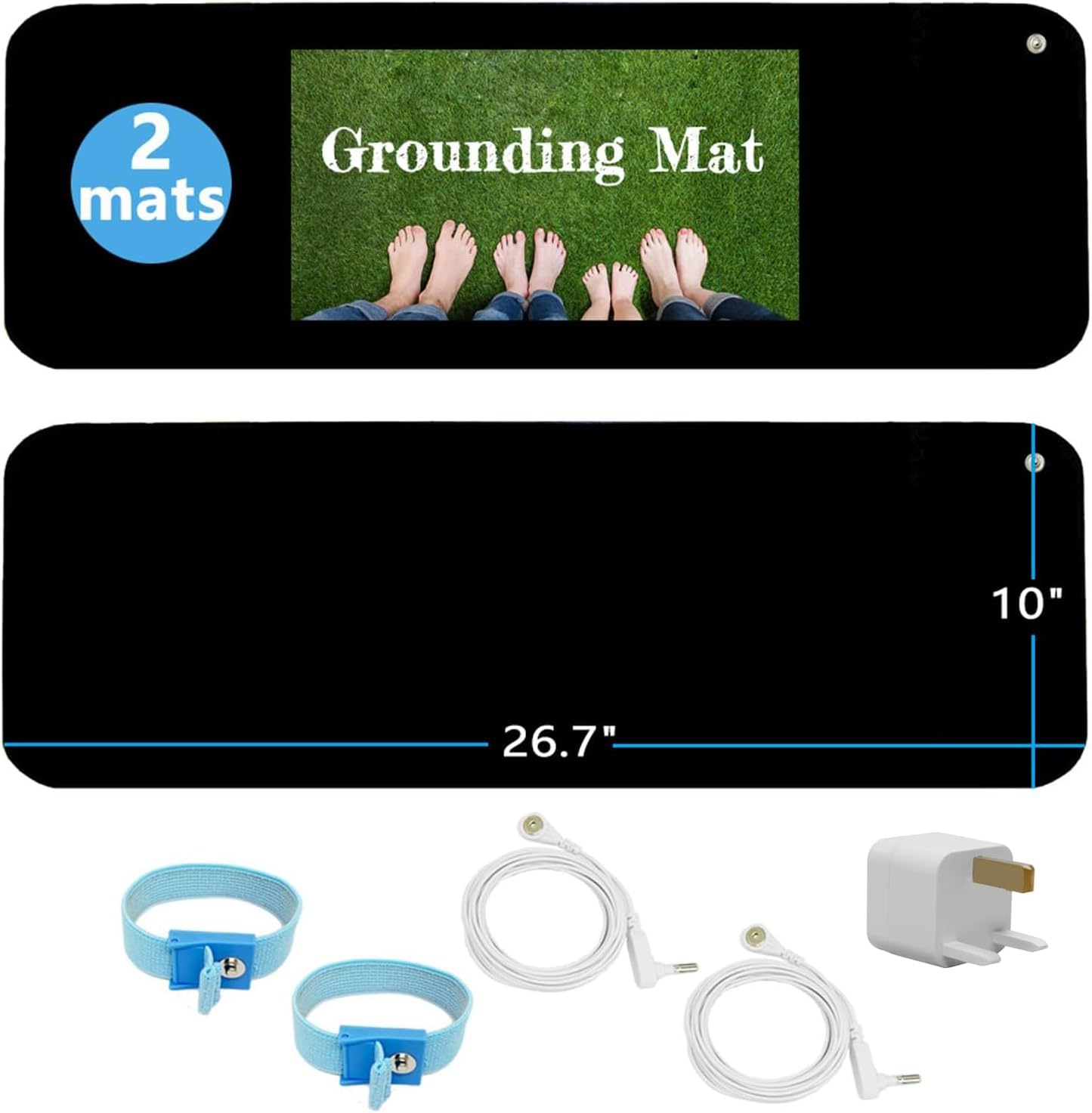 Grounding Mat Kit (2 Pack) - 2 Grounding Mats (10 x 26.7 inches) with Adapter, 2 Cords (15ft) and 2 Wristbands - Black, Reduce Inflammation, Improve Sleep, Help with Anxiety