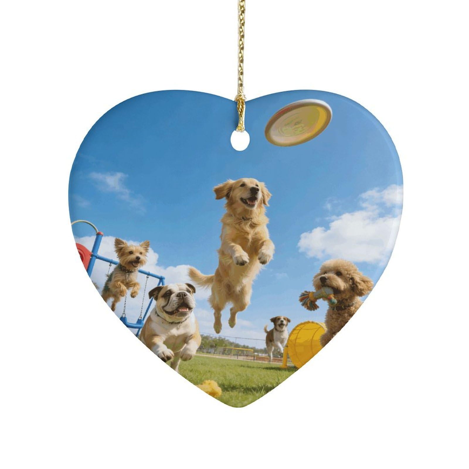 Khauerbc Style Dog Parkheart Shaped Ceramic Ornament With String,Ceramic Ornament,Two-Sided Printed For Christmas Tree And Holiday Decoration