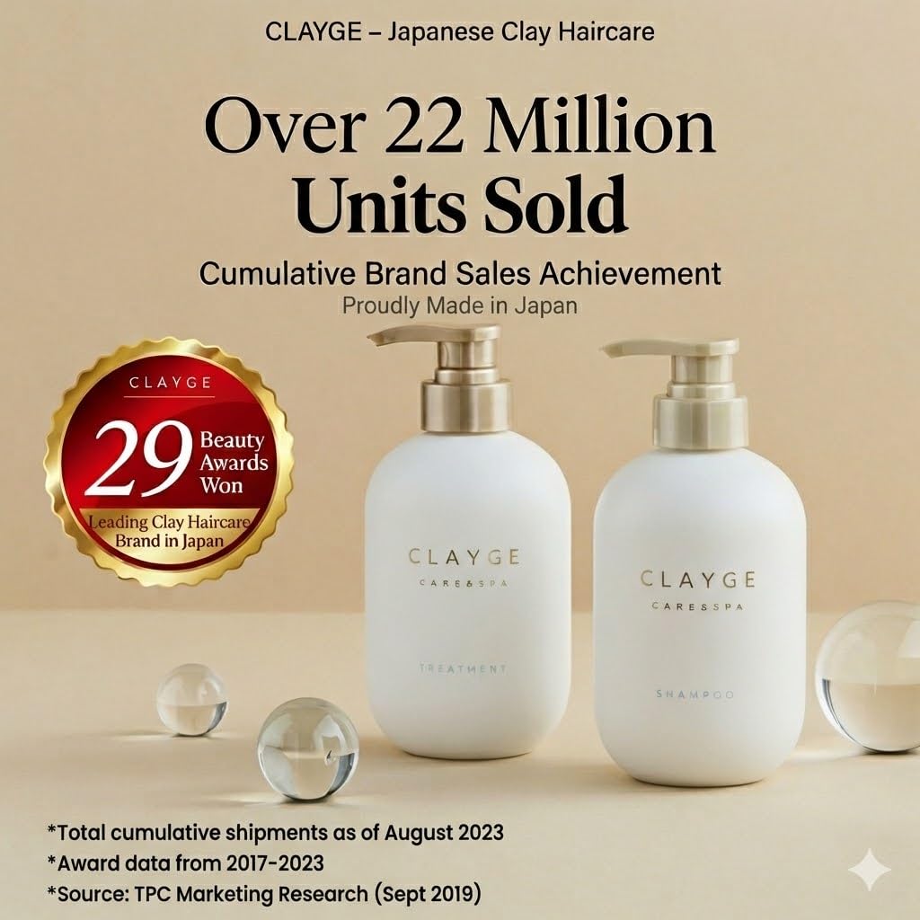 Clayge Smoothing Shampoo & Conditioner Set, Clay-Based Moisturizing Hair Care for Dry & Frizzy Hair, 17 fl oz / 500ml Each, 2-Pack, Made in Japan