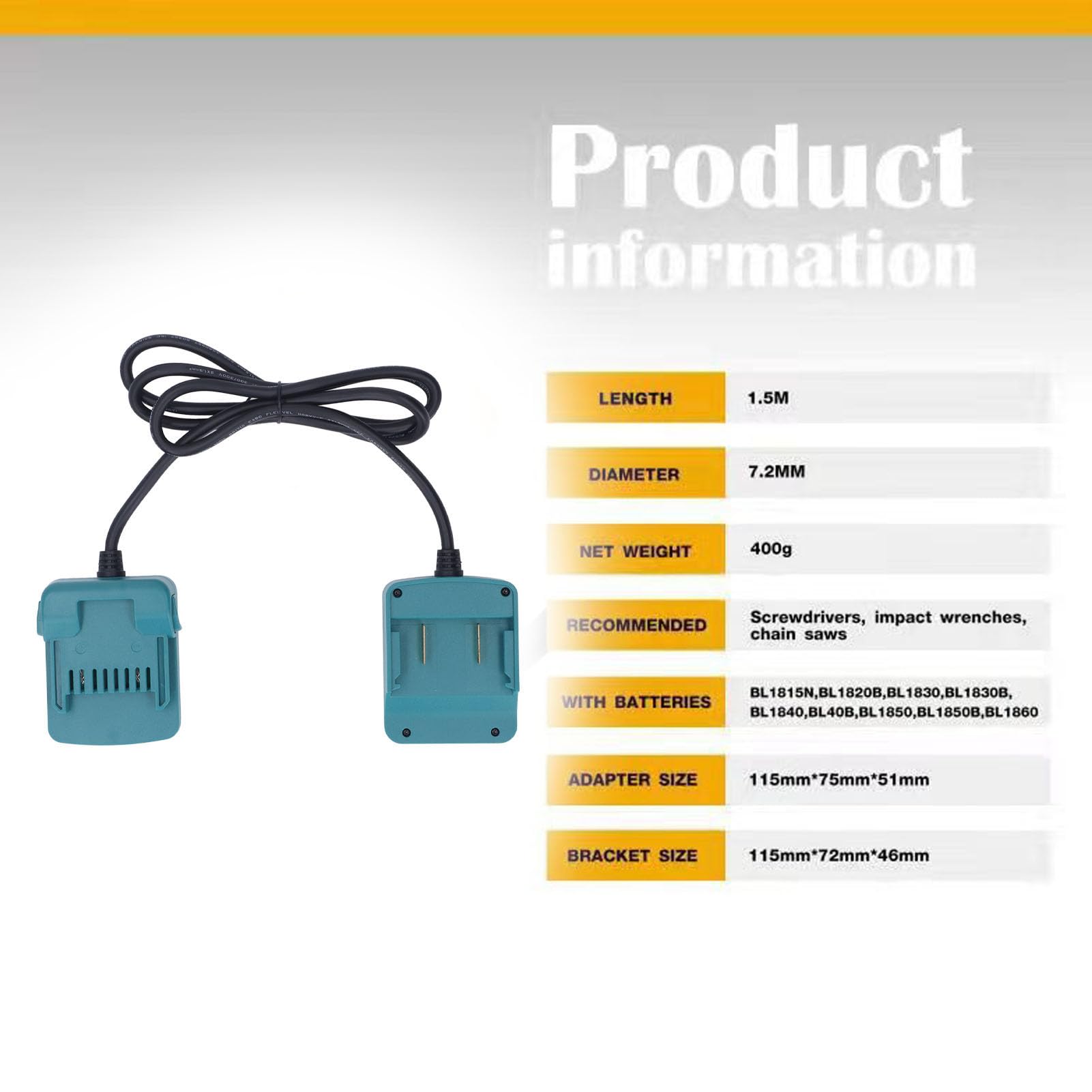 Cavo di prolunga per batteria al litio da 18 V, in ABS, 2 x 1,5 mm², con cintura, per, 1,6 m