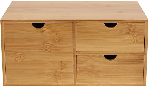 Miniatura 4 de Organizador de escritorio de bambú, armario de almacenamiento de encimera con 3 cajones, mini soporte de mesa para suministros de oficina en casa