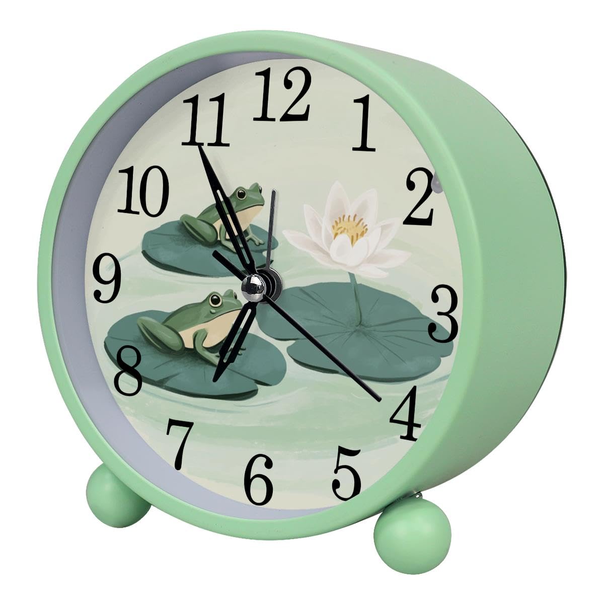 Luoweisi Alarm Clock Frogs Lotus, Silent Non-Ticking with Night Light, Round Metal Alarm Clock for Office, Battery Operated, Bedroom, Elderly, Adults, Children, Student Gifts