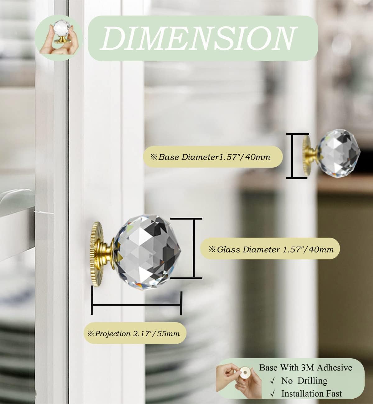 CcHhyyt Crystal Self Stick Knobs Cabinet Knobs 1-3/5 Inch 40mm Diameter Replacement Knob with Adhesive for Cabinet Mirror Cupboard Window Glass Sliding Door Drawer (2pcs, Sunshine Gold)