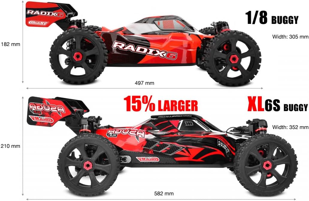 Comparison image showing the Corally Asuga XLR 6S Buggy next to a standard 1/8 buggy, highlighting its larger dimensions.