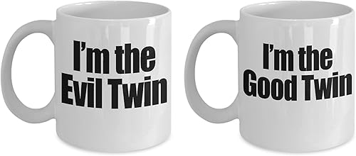 mmandiDESIGNS Good Twin Evil - Juego de tazas gemelas divertidas para hermanos, hermanos, hermanos, hermanos, regalo, taza de cerámica para café,